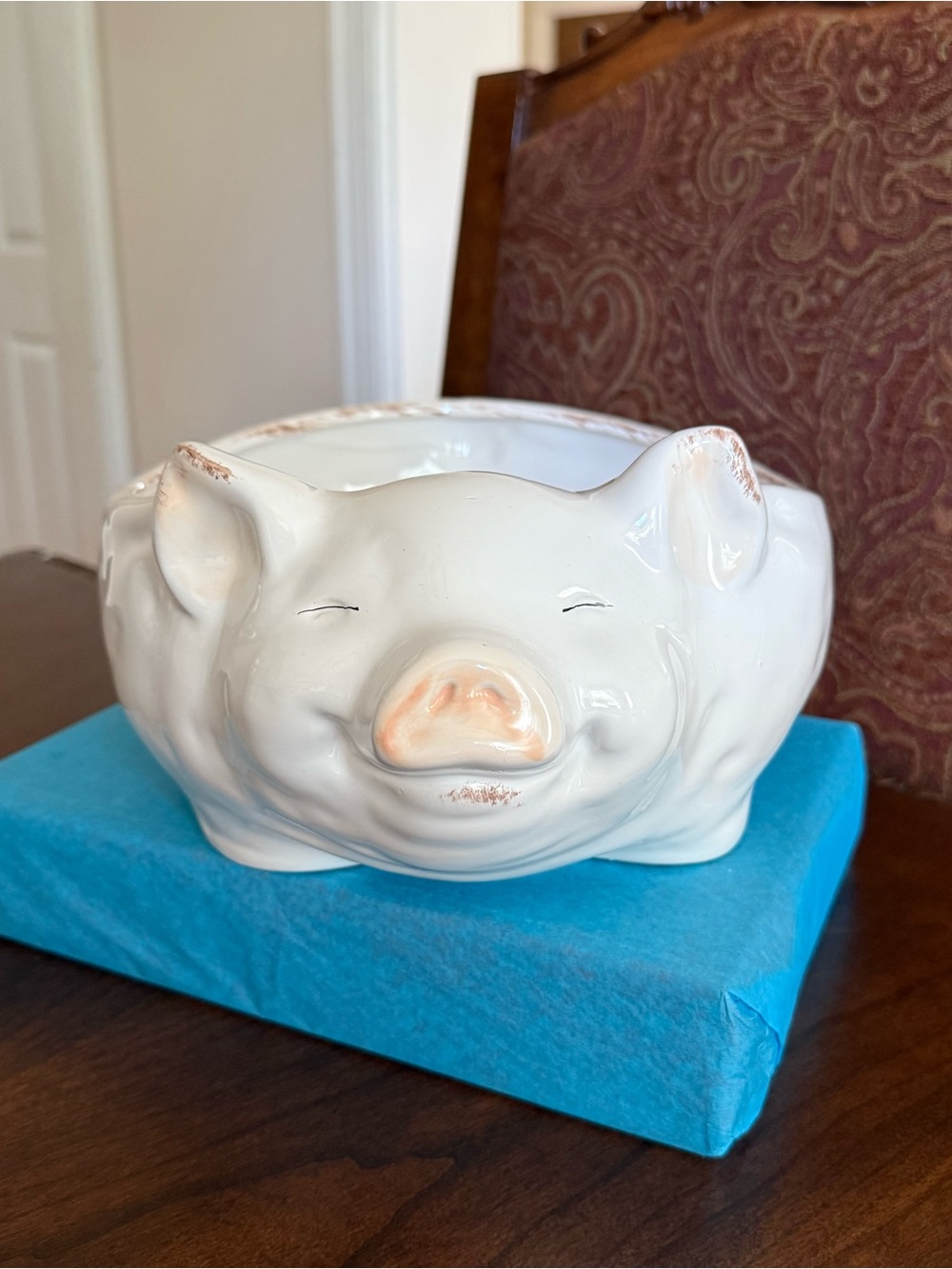 Farmyard Collection Ceramic Pig Serving Bowl Large 11.5” White Rustic Planter